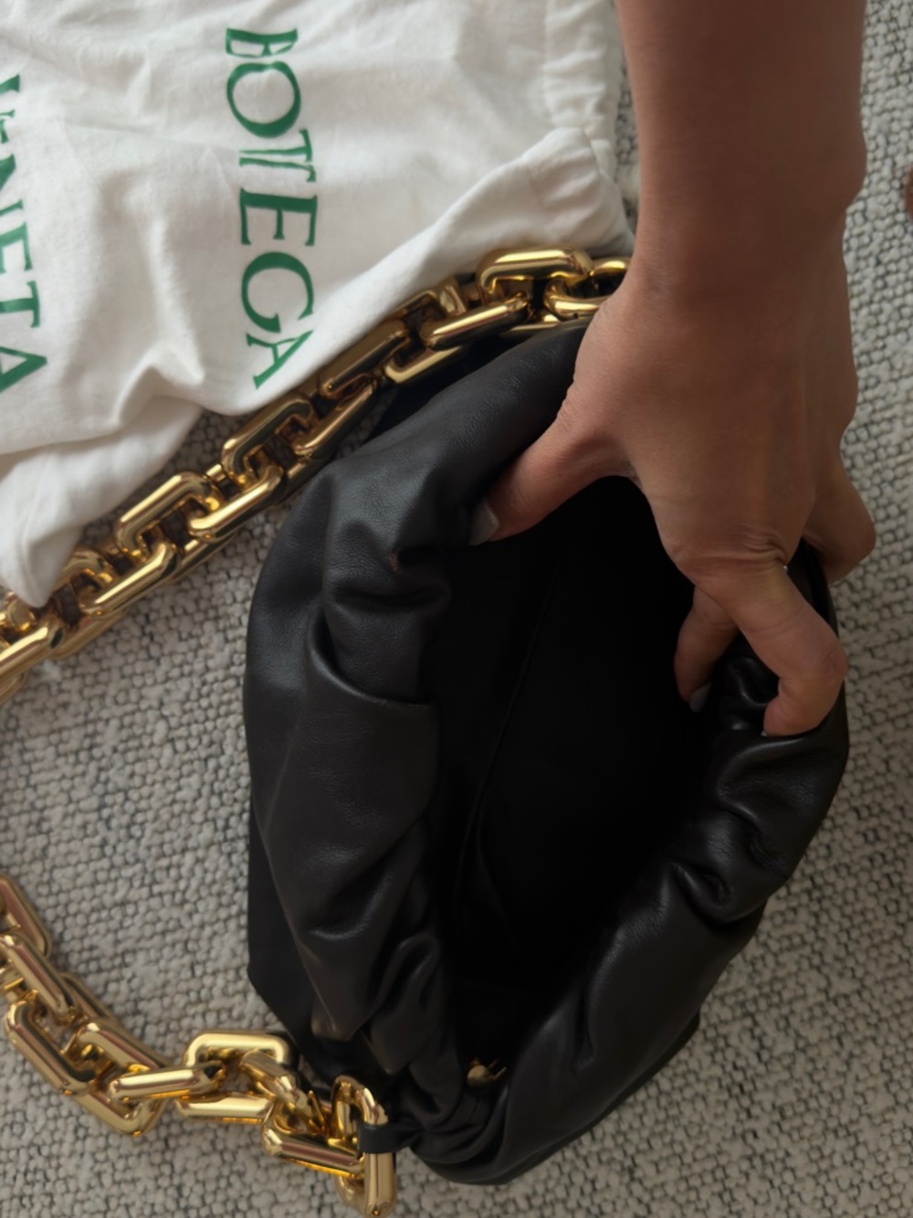 Bottega Veneta Dark Chocolate Leather Padded Clutch with Gold Chain - Picture 3 of 3